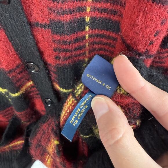 Polo Ralph Lauren Red Black Alpaca Wool Sweater Cardigan Tartan Plaid Women's L - Picture 6 of 8